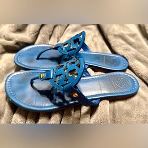 GUC Tory Burch Blue Miller Logo Leather Thong Sandals - Cerulean Blue